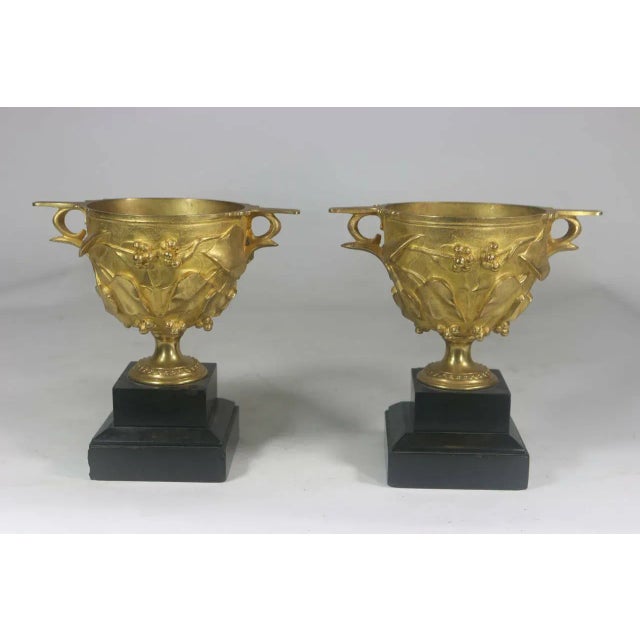 Metal Circa 1830 Pompeii Inspired Decorated Urns of Gilt Bronze-Vine Leaves on Stone Bases- A Pair For Sale - Image 7 of 9