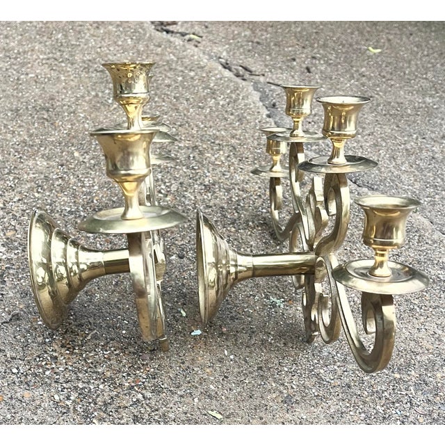 French 1970s French Fleur-De-Lis Pair of Wall Sconce Mounted Brass 4-Arm Candle Holders For Sale - Image 3 of 12
