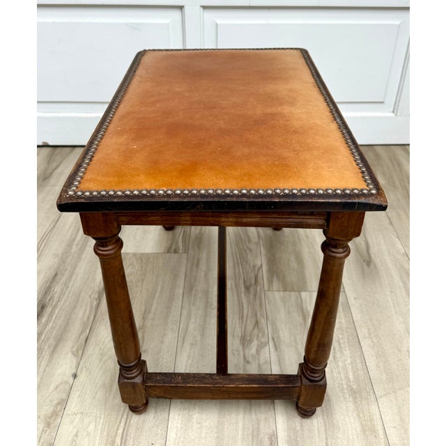 Early 1900s Wood Side Table With Leather Top & Nailhead Trim For Sale In Los Angeles - Image 6 of 12