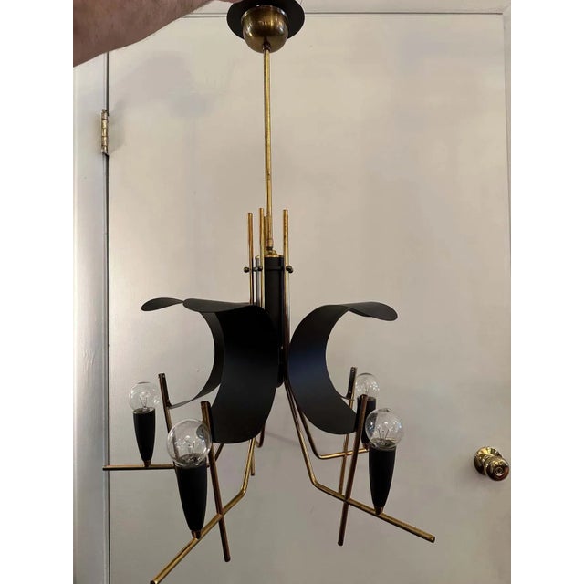 This wonderful brass with aged patina chandelier features black curved metal petals to FIVE lights and original canopy...