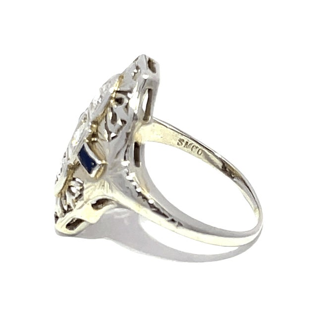 Mid 20th Century Mid 20th Century Art Deco 18k White Gold Filigree Ring With Old Cut Diamonds & Blue Sapphires, Size 5.25 For Sale - Image 5 of 9