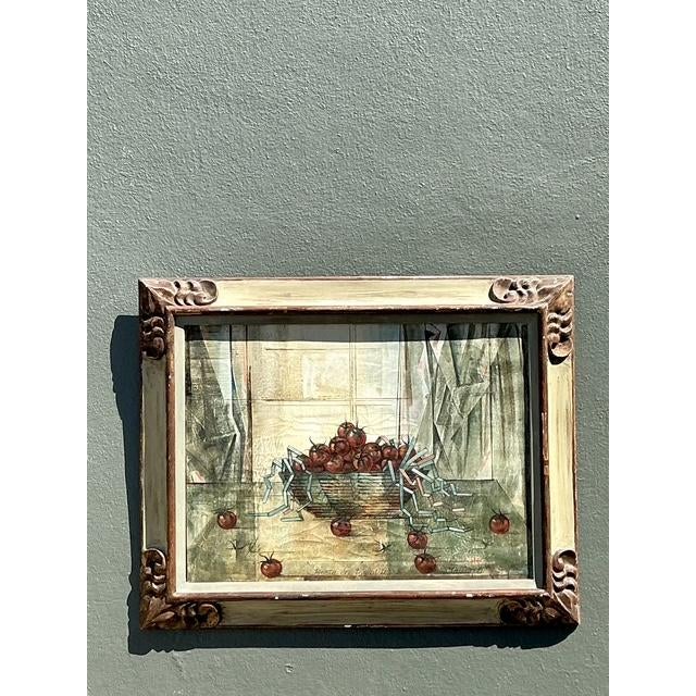 This captivating original oil on canvas, titled "Fiesta de Tomatitos" (Festival of Little Tomatoes), is a masterful...