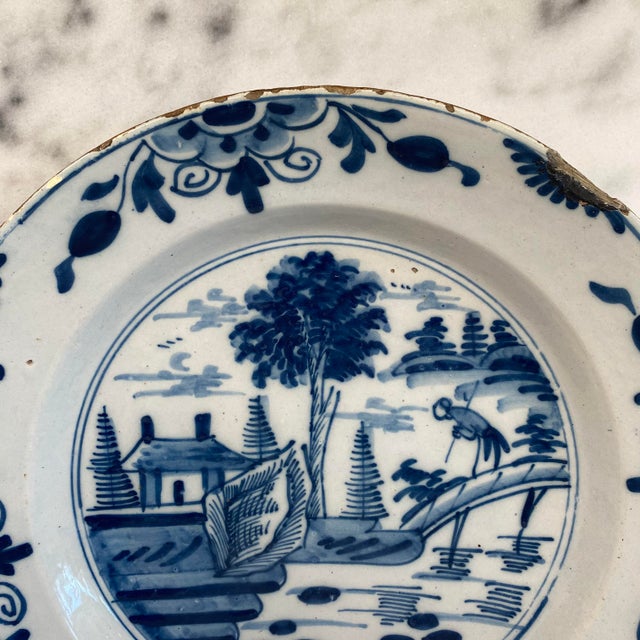 Early Antique Dutch Delft Blue and White Landscape Plate or Platter For Sale In Portland, ME - Image 6 of 12