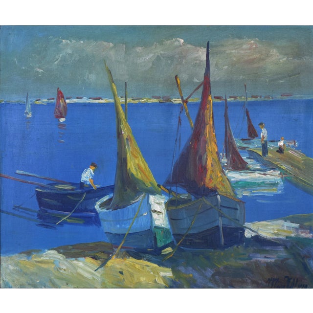Mid Century seascape depicting boats in harbor along shore by Danish artist Max Ulvig (1913-1969). Oil on canvas,...