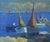 Mid Century seascape depicting boats in harbor along shore by Danish artist Max Ulvig (1913-1969). Oil on canvas,...