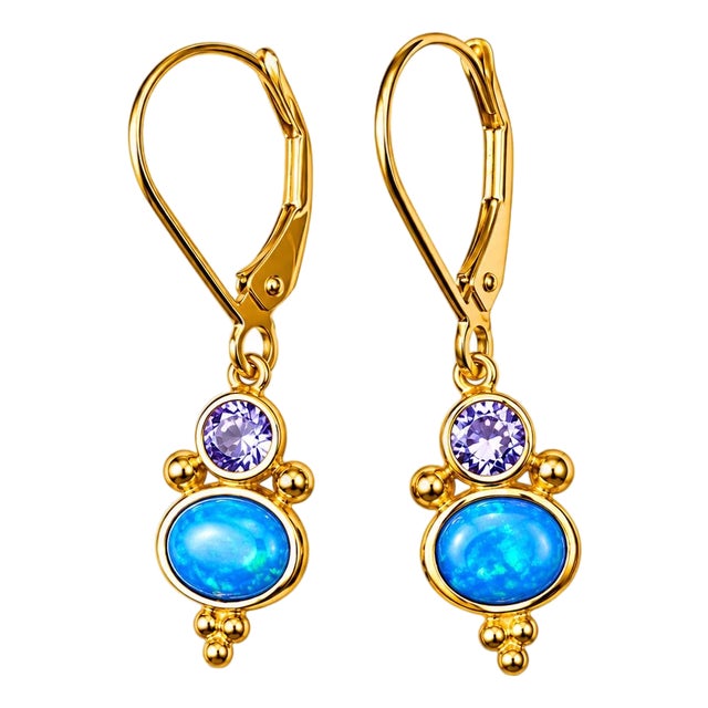 Late 20th Century Pair of 14K Yellow Gold Blue Opal Tanzanite Dangle Drop Designer Earrings For Sale
