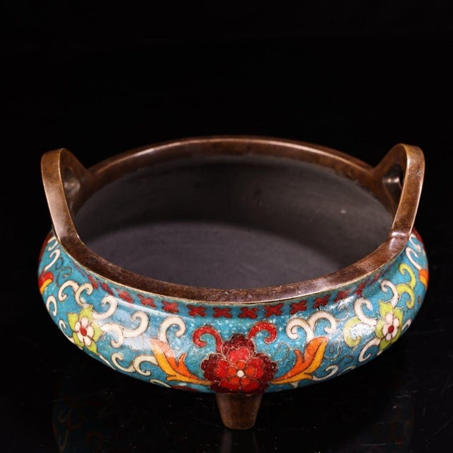 1980s 1980s Cloisonné Tripod Censer With Upright Ears - Blue Floral Enamel For Sale - Image 5 of 10
