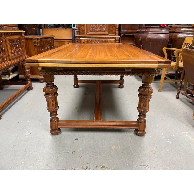 1920s Antique Hand Carved Extending Dining Table, Berkey & Gay, Jacobean Revival, Walnut Wood, Glass Top For Sale - Image 5 of 13