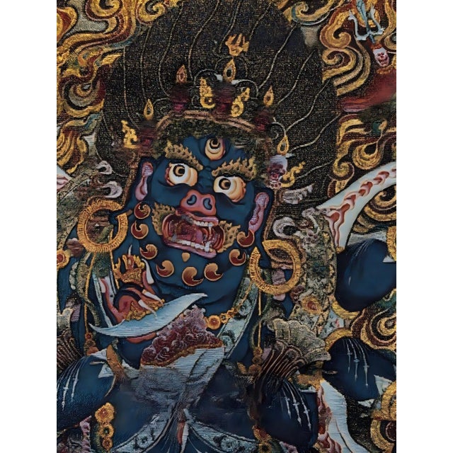 Mid 20th Century Xizang Embroidery and Brocade Thangka Buddha Painting - Wrathful Deity Protector Wall Art - Hand Painted Buddhist Sacred Scroll For Sale In Seattle - Image 6 of 8