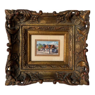 Petite Vintage Village Landscape Watercolor Painting by Bast in Ornate Carved Wood Frame For Sale