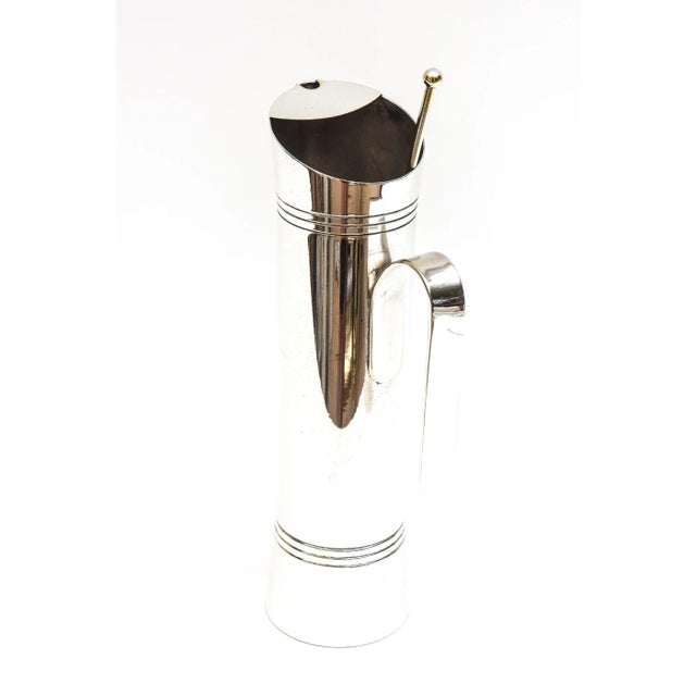 This elegant tall chic vintage signed Italian vintage ribbed silver plate cocktail mixer or pitcher with elongated spoon...