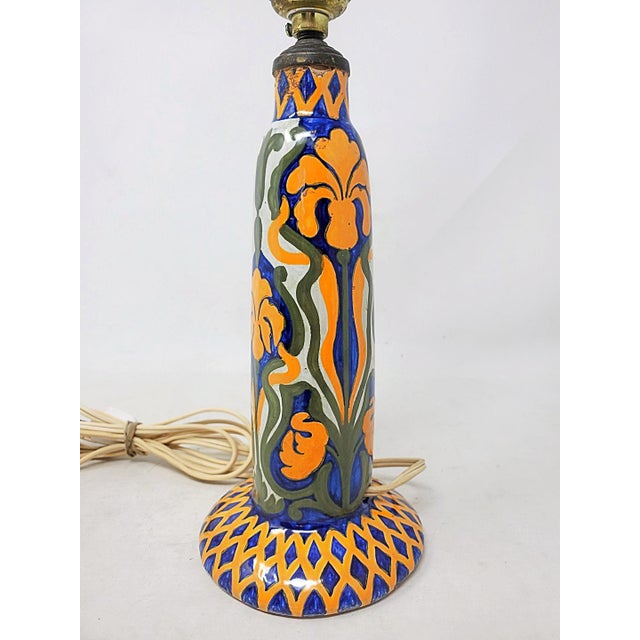 Ceramic Antique Jules Verlingue Faience Lamp - Hand Painted Irises - 9" Tall -Signed Jv - France For Sale - Image 7 of 13