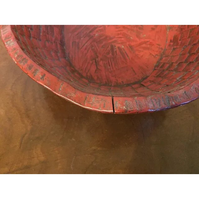 Antique Japanese Red Lacquer Carved Wood Basketweave Centerpiece Bowl For Sale - Image 12 of 13