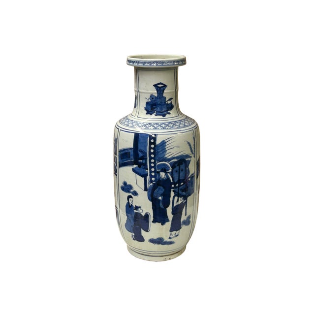 Oriental Blue White People House Gathering Graphic Porcelain Art Vase For Sale In San Francisco - Image 6 of 11