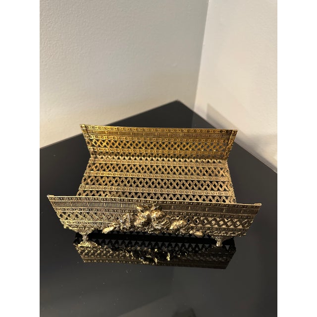Mid-century filigree gold tone metal tissue box holder Open style fit different box heights Floral appliqué on front ....