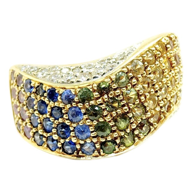 Vintage 18k Multi Color Sapphire and Diamond Band Ring, Size 6.25 For Sale