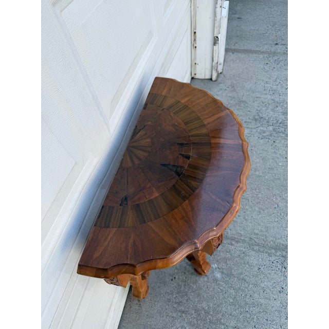 Vintage French Louis XV Style Demilune Console Table With Inlaid Fan Top & Carved Cabriole Legs For Sale - Image 9 of 12