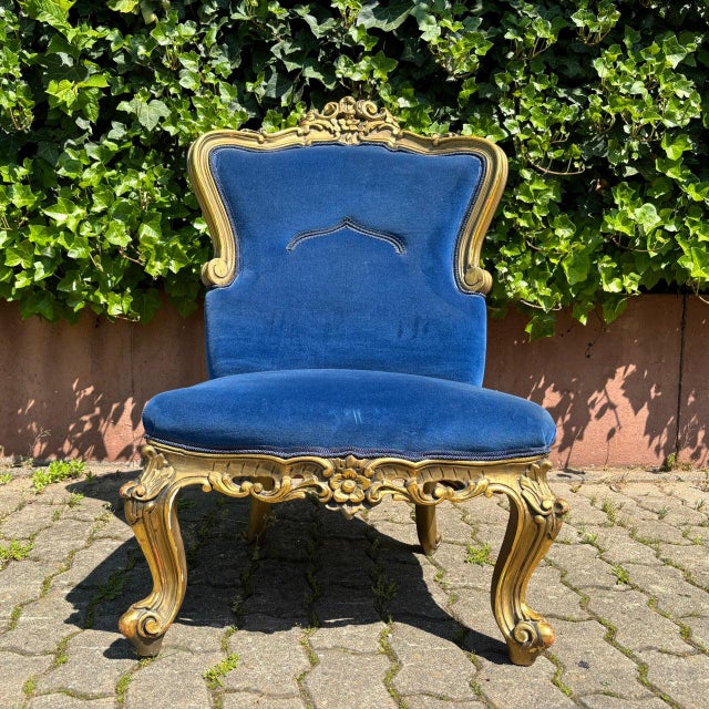 Antique Historicism Armchair in Blue Velvet with Gold Decorations For Sale - Image 9 of 15