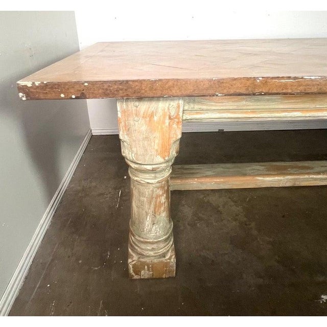 Wood Rustic Painted Dining Table W/ Herringbone Pattern Top For Sale - Image 7 of 16