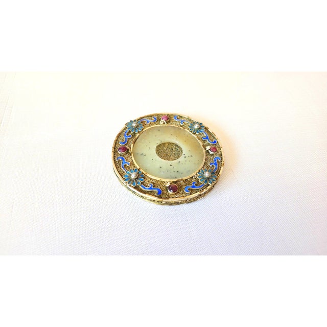 Copper Vintage Chinese Hetian Jade Disc Bi in Silver Enamel Frame With Rubies and Pearl For Sale - Image 8 of 9