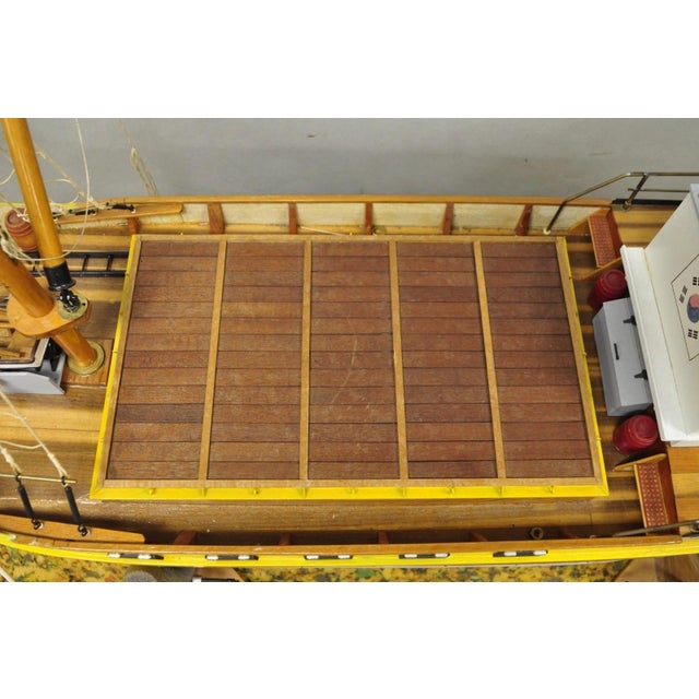Large 48" Vintage Wooden Fishing Vessel Model Ship Yellow Hull South Korean Flag For Sale - Image 15 of 18