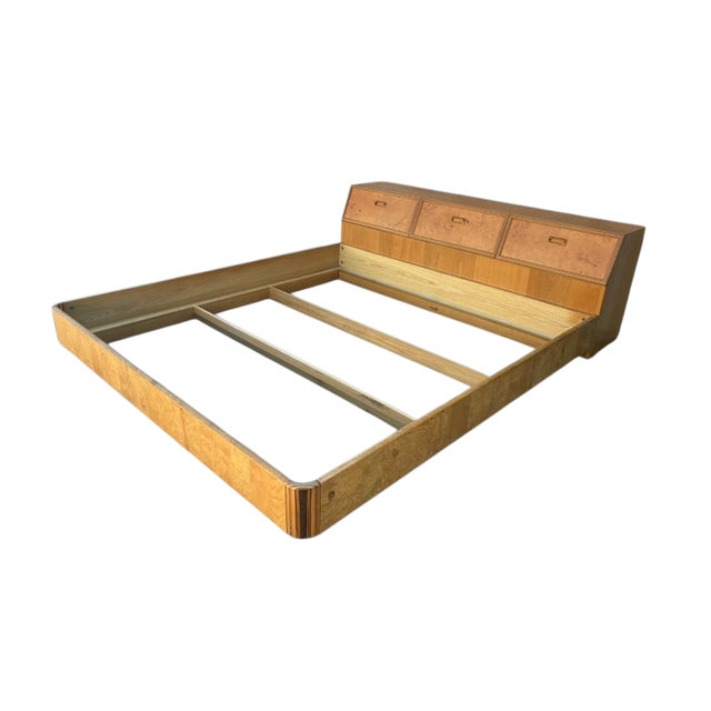 Henredon Scene Two Campaign King Bed Burlwood Oak Trunk Headboard Only Art Deco For Sale - Image 10 of 16