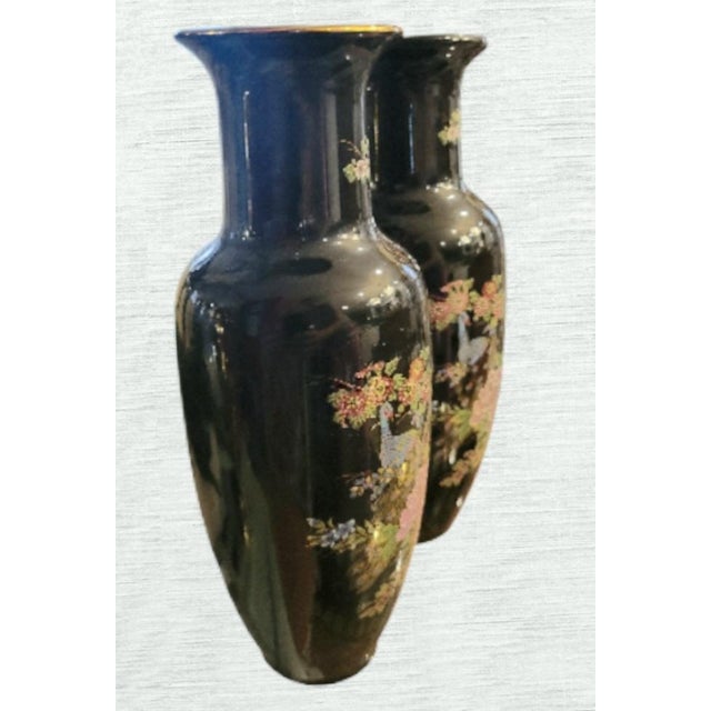 Chinoiserie Vintage Black Pink Chinoiserie Floral Peacock Vases= a Pair For Sale - Image 3 of 7