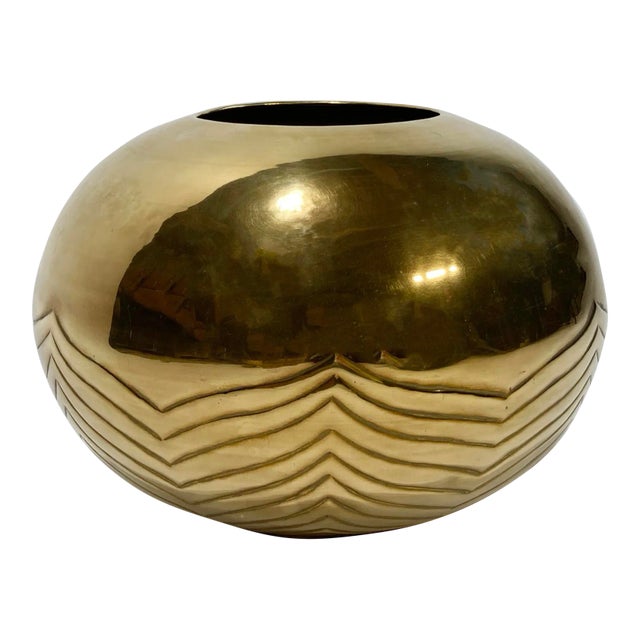 Vintage Postmodern Style Round Etched Brass Planter or Vase For Sale