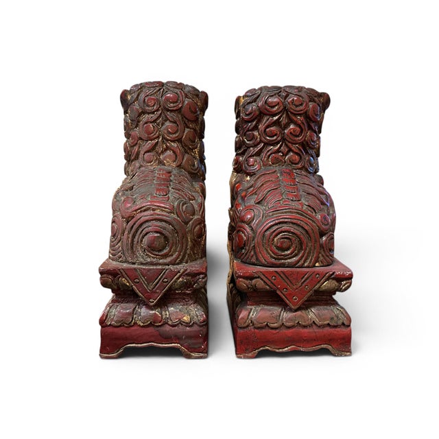 Mid 20th Century Pair of Carved Wood Chinese Foo Lions, 10" Tall, 20th Century For Sale - Image 5 of 12