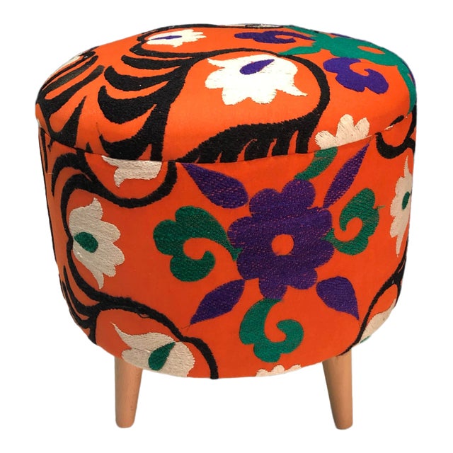 1960s Modern Turkish Handwoven Suzani Ottoman For Sale