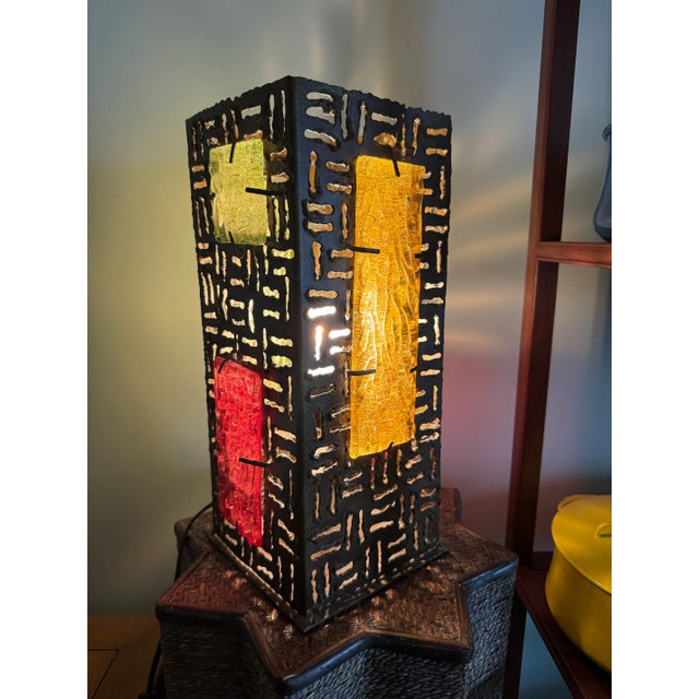 Vintage Brutalist Sculpture Steel and Thick Italian Art Glass Panels Modern Art Lamp For Sale In West Palm - Image 6 of 7