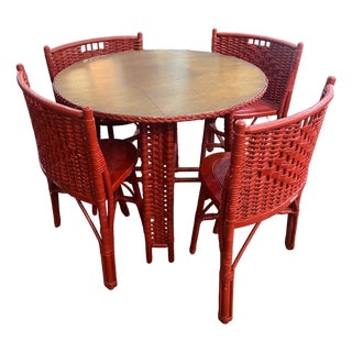 1950s Heywood Wakefield Petite Round Red Dining Wicker Set For Sale