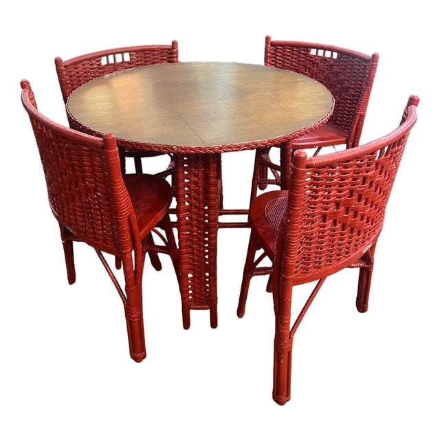 1950s Heywood Wakefield Petite Round Red Dining Wicker Set For Sale