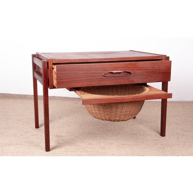 Brown Vintage Danish Teak and Rattan Sewing Table by Johannes Andersen for Uldum Møbelfabrik, 1960s For Sale - Image 8 of 14