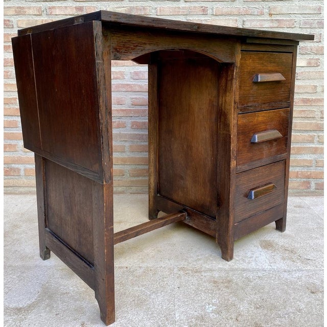 Early 20Th Century Spanish Desk or Work Table in Oak Wood with Lateral Wing