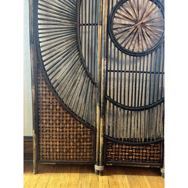 Mid 20th Century Bamboo Wicker Sunburst Folding Room Divider Screen, 3 Panel For Sale - Image 6 of 10