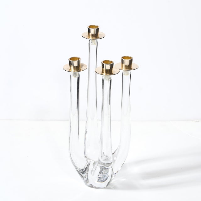 Schneider Glass Mid-Century Crystal & Brass Amorphic Four Arm Candelabra Signed Schneider For Sale - Image 4 of 10