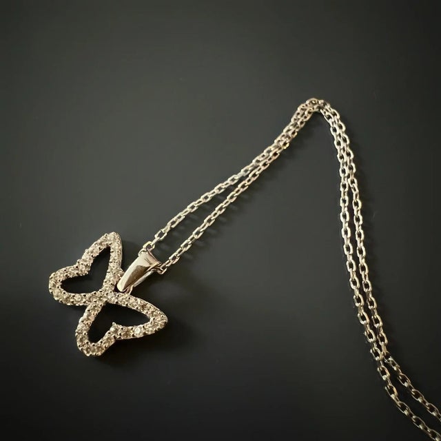 Metal Silver Sparkly Butterfly Necklace For Sale - Image 7 of 8