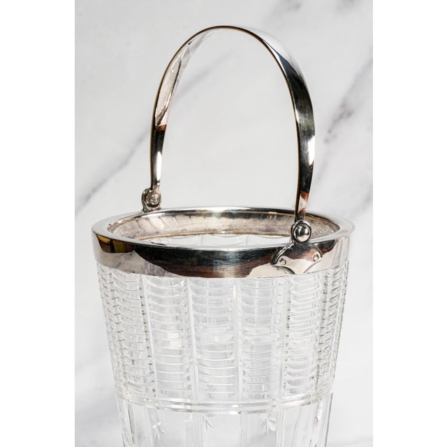 English Brilliant English Vintage Crystal Ice Bucket Silverplate Rim Handle Luxury Barware Home Decor For Sale - Image 3 of 10