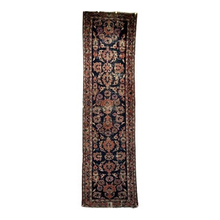 Antique Persian Sarouk Lilian Runner Rug, Hand-Knotted Wool, Floral Pattern, Navy & Red, 3x9 For Sale