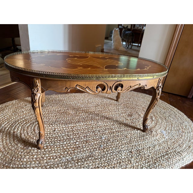 French Provincial Vintage Mid-Century Italian Rococo Revival Marquetry Coffee Table With Pierced Brass Gallery For Sale - Image 3 of 7