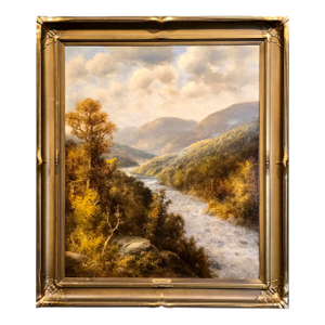 Thomas Bailey Griffin -Landscape W/ River on a Sunny & Cloudy Day -Oil Painting