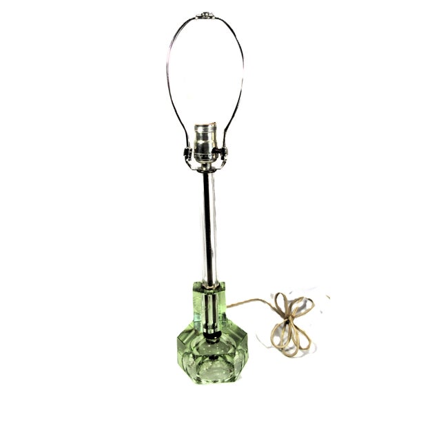 A mid century etched glass lamp, green tint, with an atomic cat print shade. The lamp has a couple of minor chips on the...