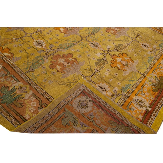 Arts & Crafts Vintage Arts and Crafts Style Golden Ochre Wool Rug With Stylized Floral Motif For Sale - Image 3 of 11