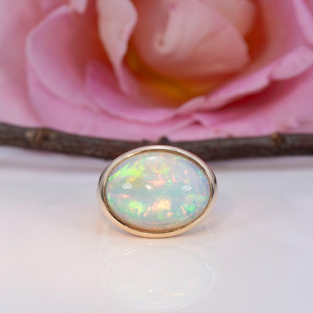 2020s 7.7Ct Ethiopian Opal Cabochon Ring in Solid 14k Gold, Oval 18x13.7mm, Size 6.75 For Sale - Image 5 of 9