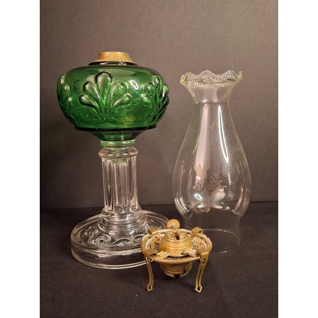 Victorian Antique Victorian Emerald Green Glass Kerosene Lamp Clear Star Base Scovill Queen Anne For Sale - Image 3 of 18