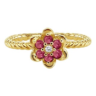 Ruby Tulip Flower Ring 14k Yellow Gold, Size 4 For Sale