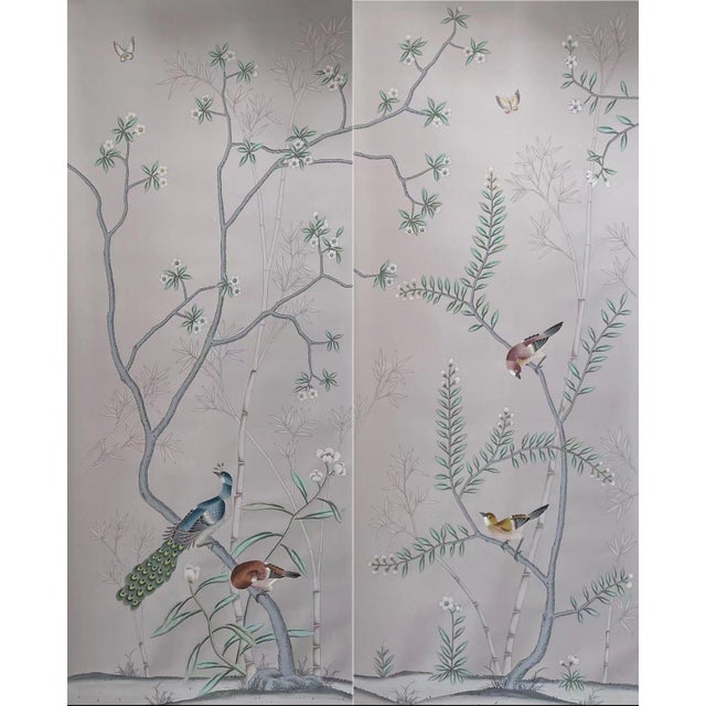 Chinoiserie Soft Grey Chinoiserie Mural | 6-Panel Hand-Painted Floral & Bird Wallpaper For Sale - Image 3 of 3
