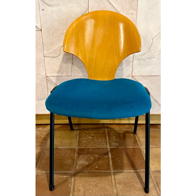 Brown Vintage Postmodern Stacking Chair From Germany’s Kusch+Co, 1980s With Newly Upholstered Teal Faux Mohair Seat For Sale - Image 8 of 12