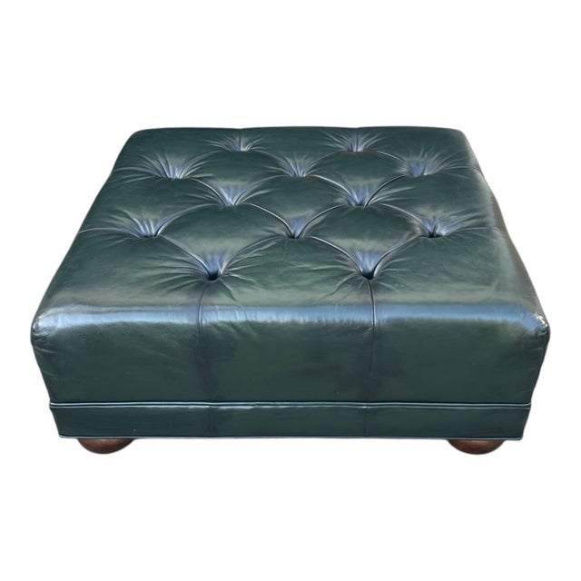Vintage Deep Green Tufted Leather Ottoman For Sale - Image 9 of 11